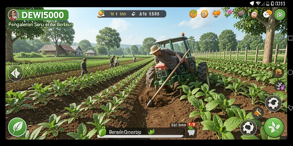 Screenshot gameplay DEWI5000 menampilkan aktivitas bertani yang seru.