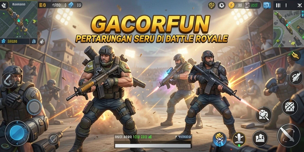 Tampilan aksion seru dari gameplay GACORFUN dalam arena Battle Royale.