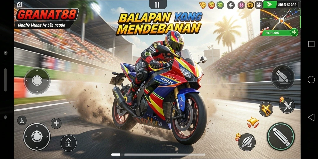 Screenshot gameplay GRANAT88 yang menampilkan aksi balapan motor yang mendebarkan.