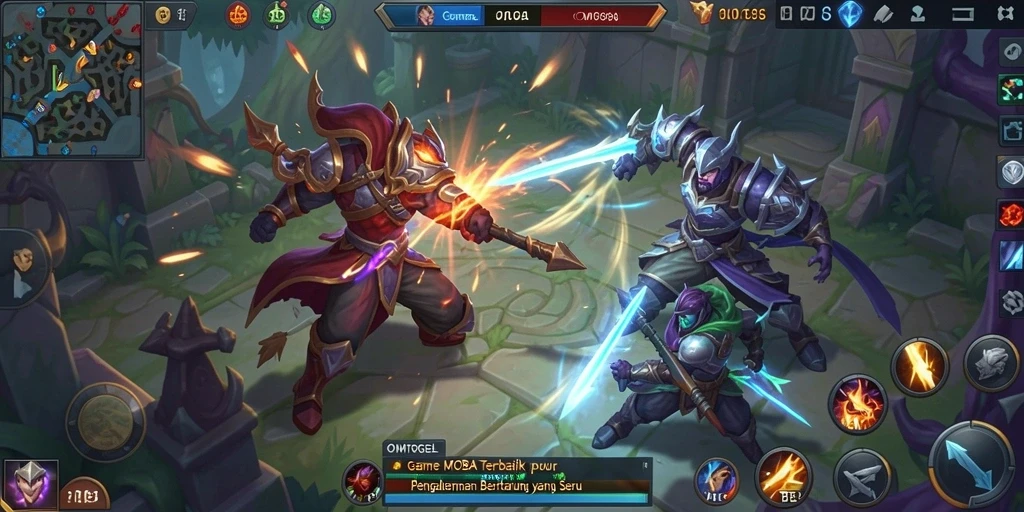 Tampilan gameplay seru dalam pertempuran MOBA di OMTOGEL.