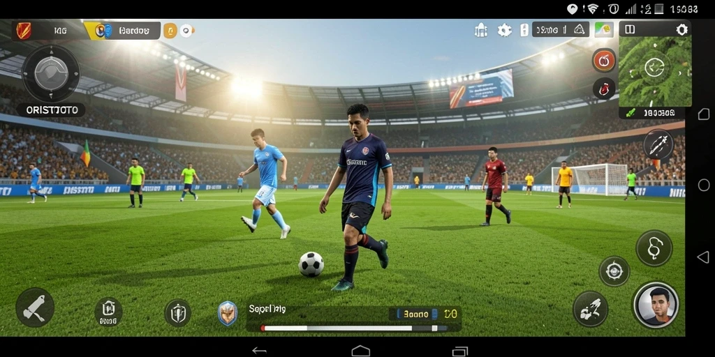 Screenshot gameplay ORISTOTO yang menunjukkan aksi di lapangan sepak bola.