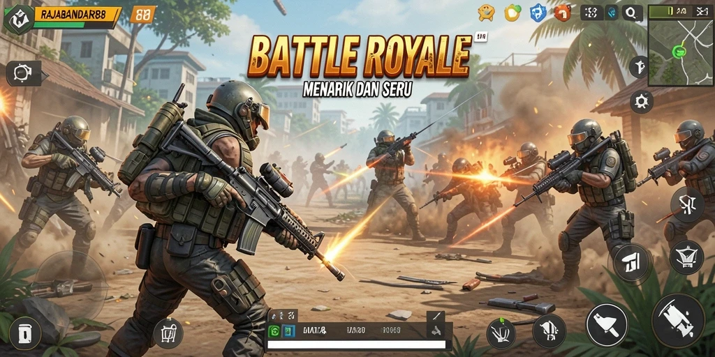 Screenshot RAJABANDAR88 menampilkan aksi seru dalam pertarungan Battle Royale.
