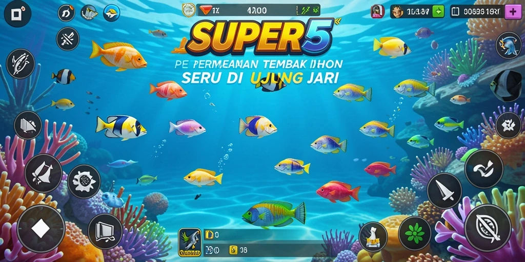 Tangkapan layar SUPER5 menampilkan aksi menembak ikan yang seru dan mendebarkan.
