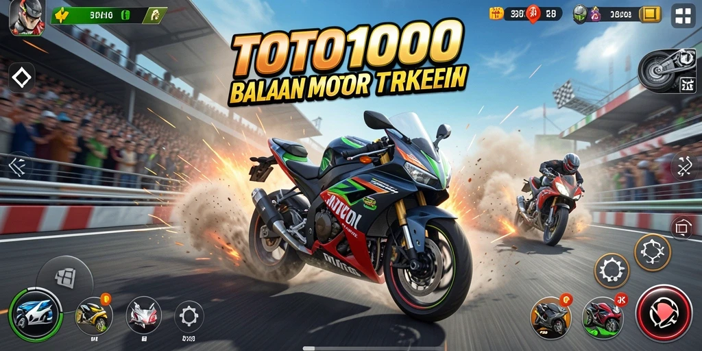 Tampilan gameplay TOTO1000 dengan motor balap cepat.