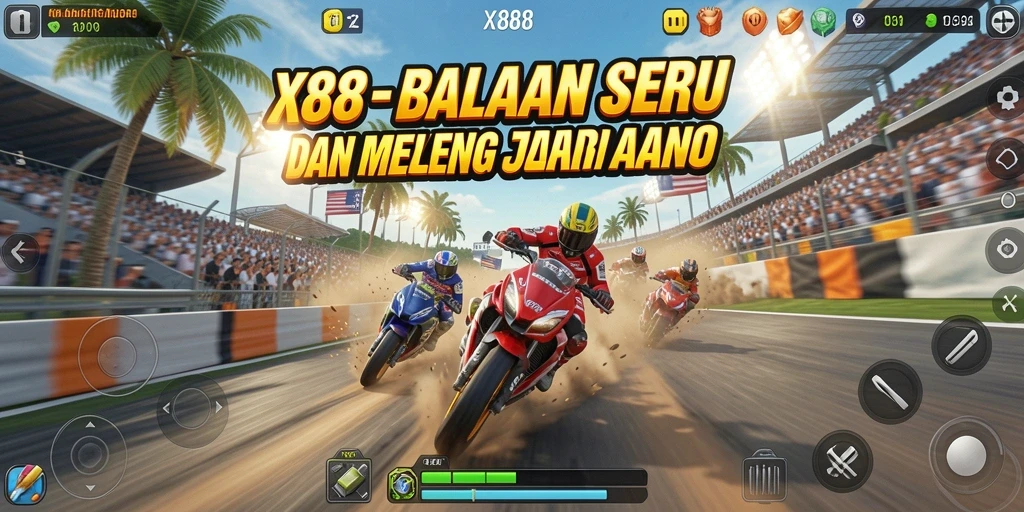 Screenshot gameplay X88 menampilkan aksi balapan yang seru dan mendebarkan.